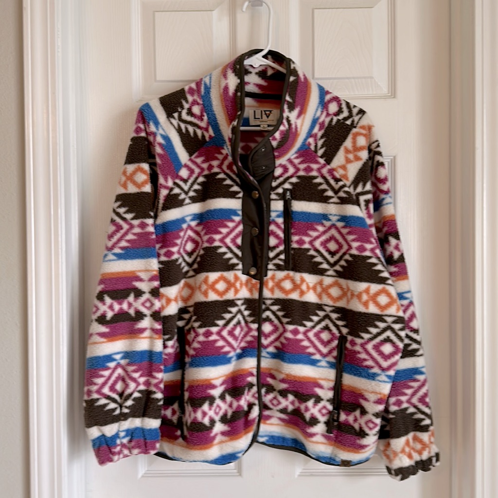 Fleece Button Down Jacket, Aztec Print